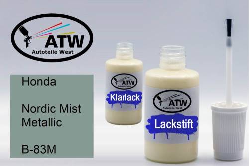 Honda, Nordic Mist Metallic, B-83M: 20ml Lackstift + 20ml Klarlack - Set, von ATW Autoteile West.